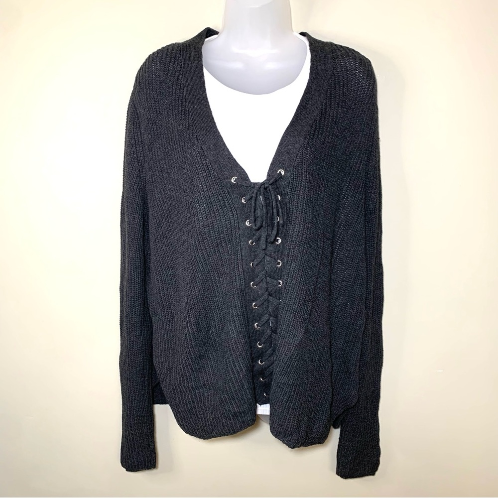 Allegra Gold Lace-Up Front Sweater XL Gray Long Sleeve V-Neck Side Slit Women’s